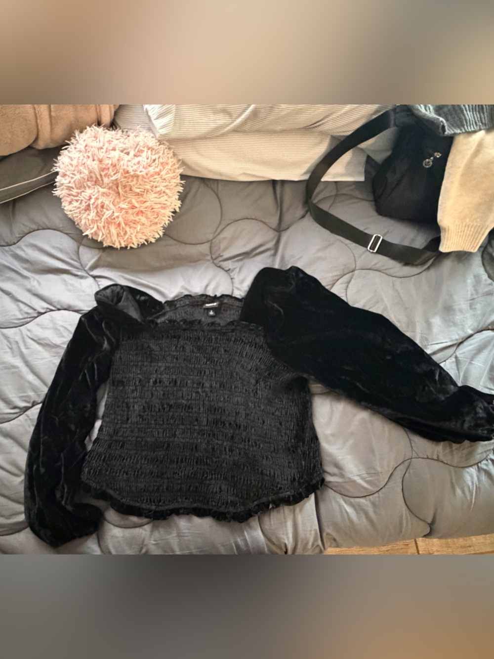 torrid Black Velvet-Sleeve Smocked Crewneck Sweater